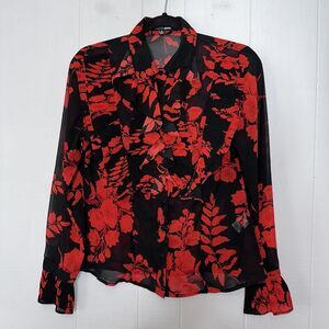 Fashion Nova Women’s Floral Ruffle Blouse Top Black Red Size Small